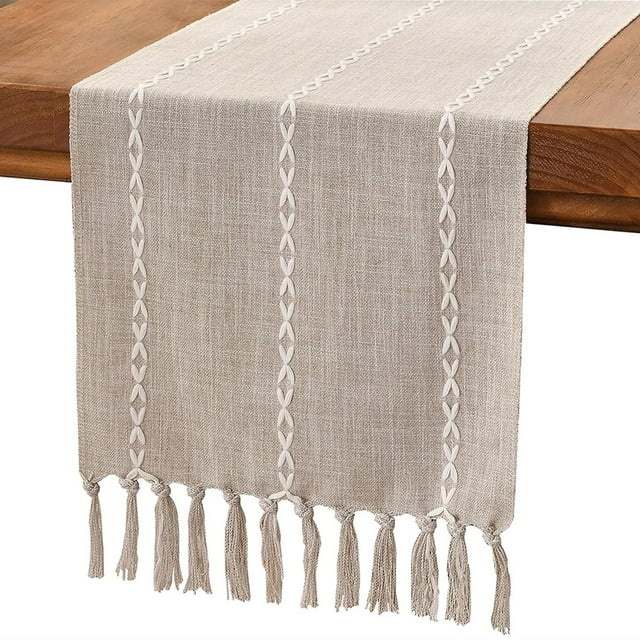 Farmhouse Chic Cotton Linen Table Runner, 180cm, Hand-Tasseled for Rustic Dining Decor, Perfect for Parties & Dessert Tables - Light Coffee