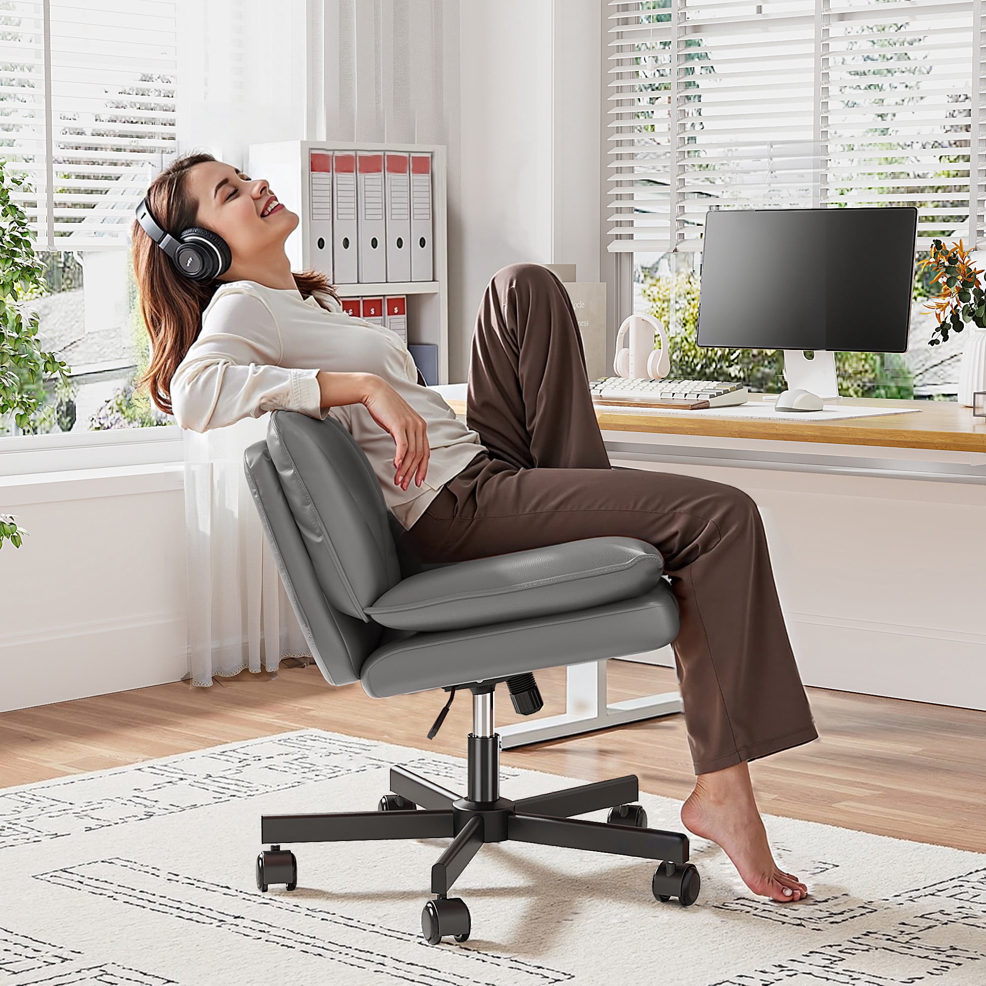 Romorgniz 27" W Chair Criss Cross Legged Office Chair Armless Adjustable Desk Chair with Wheels, Wide Seat, and 2-Layer Cushion, Grey