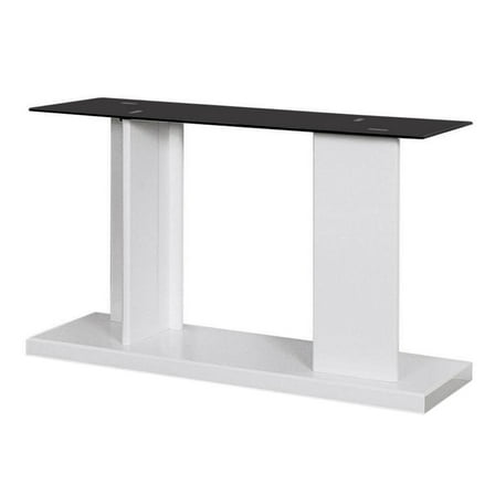 Benjara Liam 47 Inch Sofa Console Table, White Wood, Pedestal Base, Black Glass Top