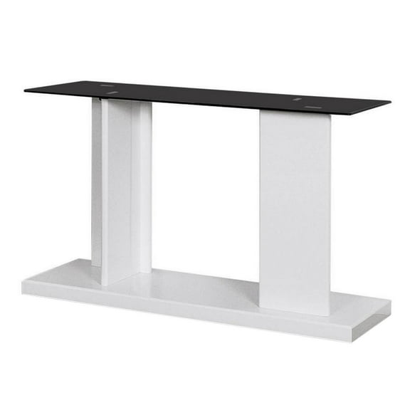 Benjara Liam 47 Inch Sofa Console Table, White Wood, Pedestal Base, Black Glass Top