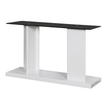 Benjara Liam 47 Inch Sofa Console Table, White Wood, Pedestal Base, Black Glass Top
