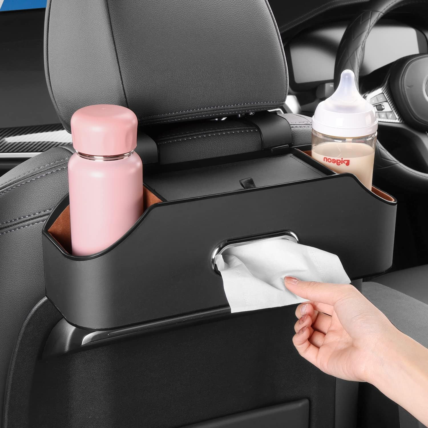 CEDQ Car Seat Back Organizer - Stylish & Functional Storage for Family Adventures - Cup Holders, Tissue Box & Hooks - Car Interior Accessories Perfect for Kids, Road Trips & Travel (Black)