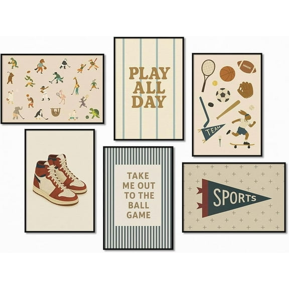 Sports Posters for Boys Bedroom, Boy Nursery Canvas Wall Art, Cute Animal Athletes & Sports Equipment Pictures, Charming Quotes Take Me Out To The Ball Game Play All Day Print 8x12in Unframed