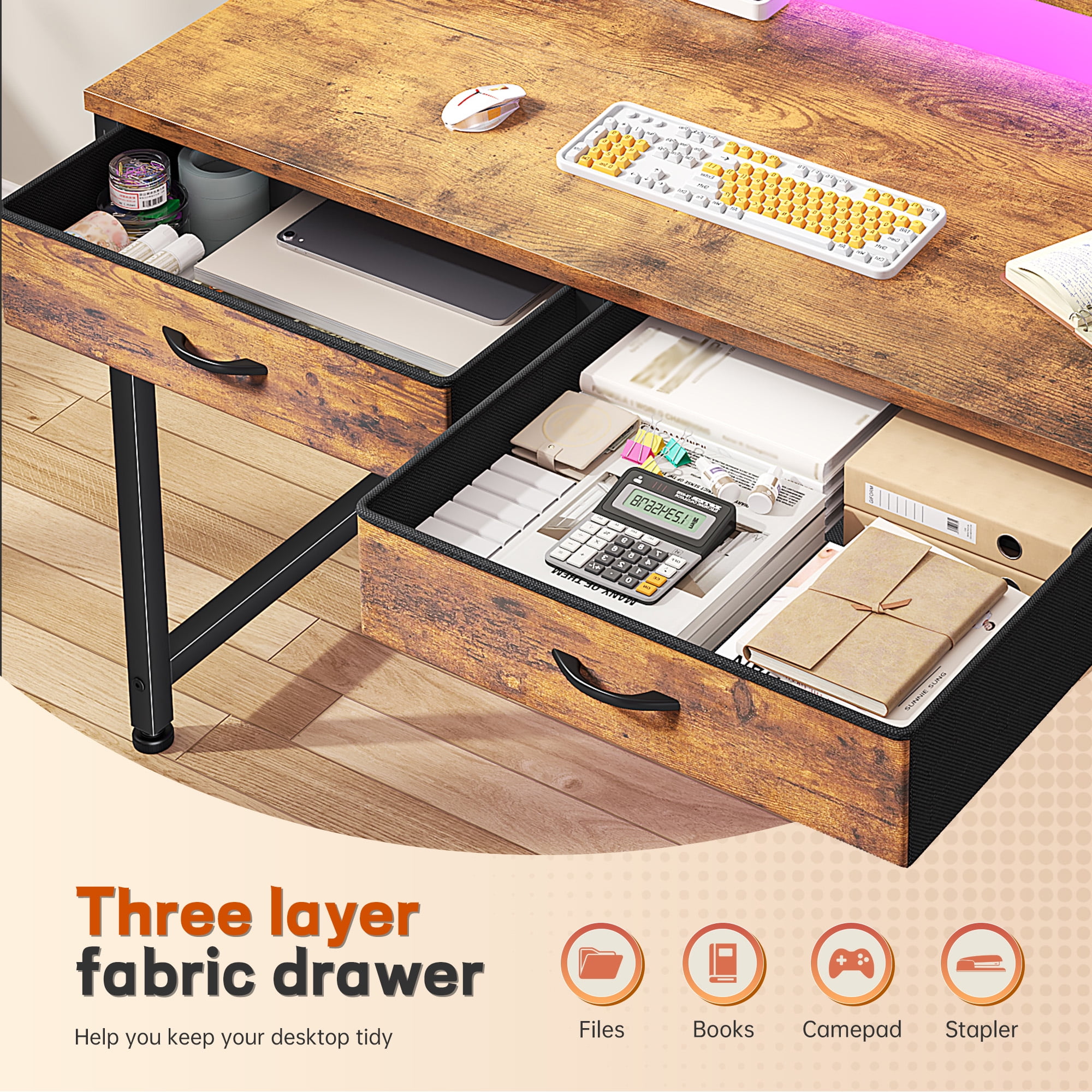 Romorgniz 37.8" H Computer Desk with LED Lights Small Desk with 2 Fabric Drawers & Side Pocket, Ergonomic Study Desk with Monitor Stand for Home Office, Gaming, Small Spaces, Rustic Brown