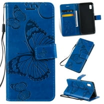 Samsung Galaxy A10E Case, Dteck Embossed Butterfly Magnetic Flip PU Leather Wallet Case Stand Protective Cover with Hand Strap [Built-in credit card slots/money pocket],Blue Butterfly