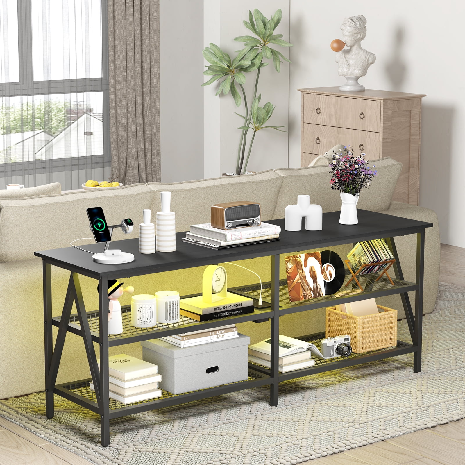 Behost TV Stand for 65 inch TV, TV Cabinet with 20 Colors LED Lights for Living Room,Black