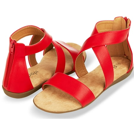 Floopi Sandals for Women | Open Toe, Gladiator/Criss Cross-Design Summer Sandals W/Zip Up Back | Comfy, Faux Leather Ankle Straps W/Flat Sole, Memory Foam Insole