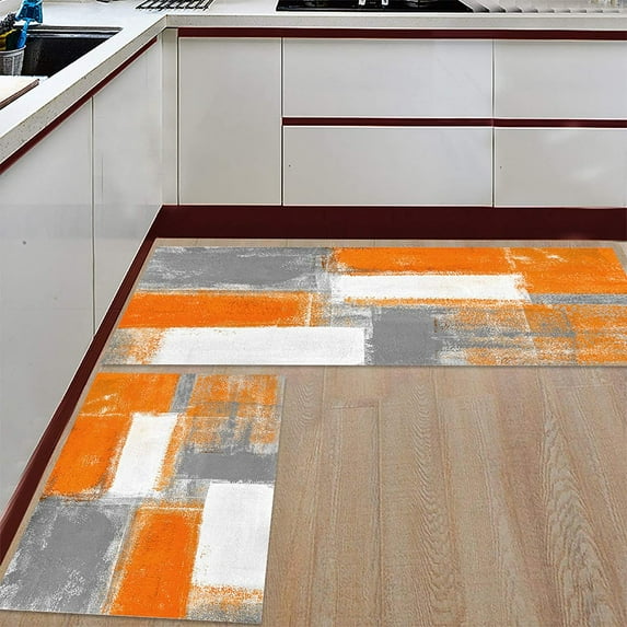 Kitchen Rugs and Mats Non-Slip Cushioned Anti-Fatigue Kitchen Rug with Runner Set of 2, Orange Gray Modern Abstract Art Painting Graffiti Design Kitchen Mats for Floor 19.7x31.5inch+19.7x47.2inch