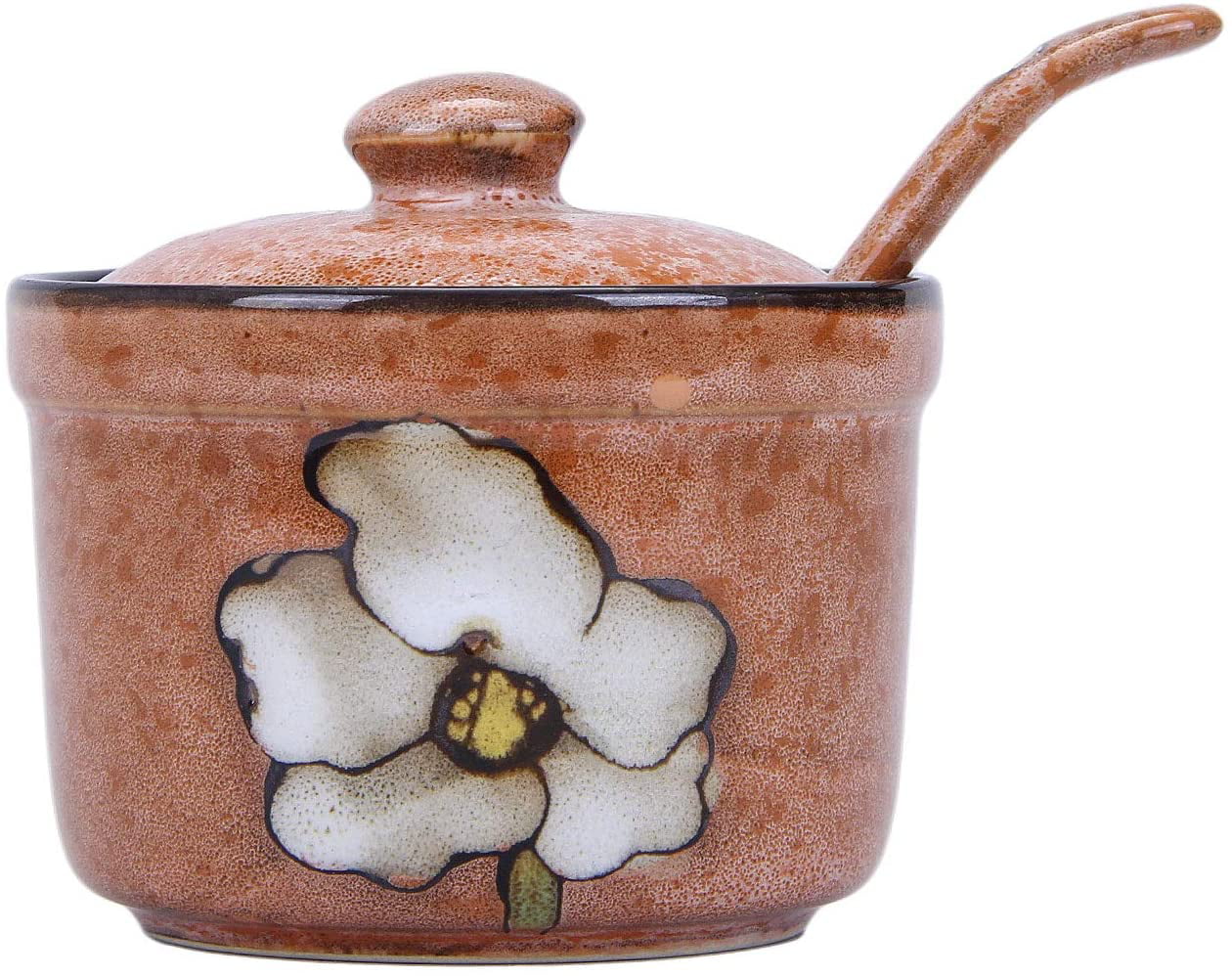 VanEnjoy Retro Hand Painted Flower Ceramic Round Sugar Bowls Spice Containers Porcelain Jar with Spoon Round Condiment 