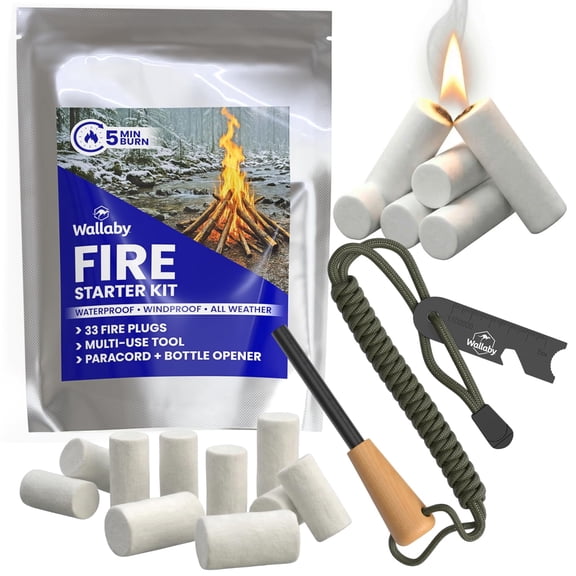 Wallaby Fire Starter Kit - 33 Waterproof Plugs in Metal Tin Flint Rod Striker Multi-Tool, Pocket Survival Guide, Airtight Mylar Storage Bag – Camping, Emergency, Grill, Fire Pit