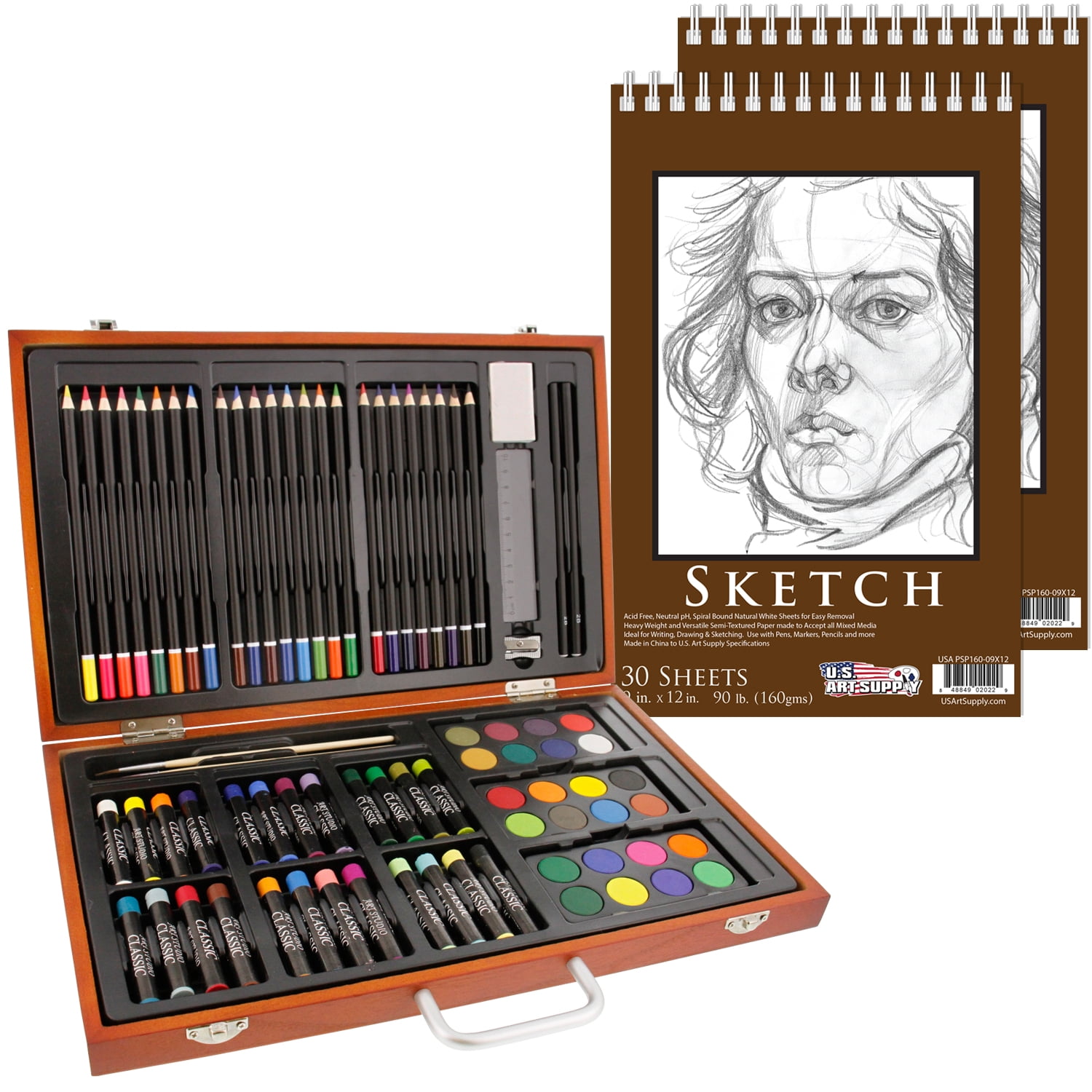 U.s. Art Supply 84-Piece Deluxe Artist Studio Creativity Set Wood Box Case - Art Painting, Drawing, 2 Sketch Pads, 24 Watercolor Paint Colors, 24 Oil Pastels, 24 Colored Pencils, 2 Brush, Starter Kit - Walmart.com