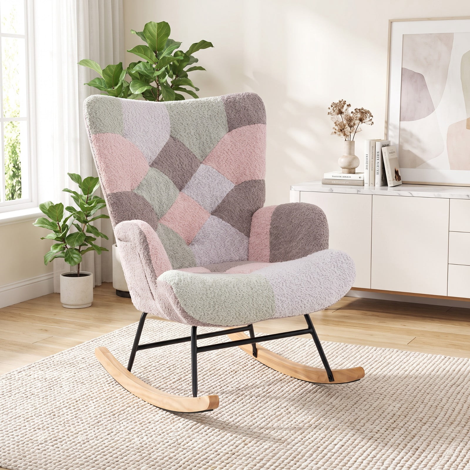 Furnibear Nursery Rocking Chair with Boucle Upholstery Ergonomic Armrests and High Backrest for Living Room Bedroom and Nursery, Colorful