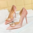 thumbnail image 2 of Zapatos de tacón alto para mujer, para banquetes, con boca poco profunda, puntiagudos, de gamuza gruesa, huecos laterales, para bodas, con hebilla de agua y diamantes de perla, 2 of 5