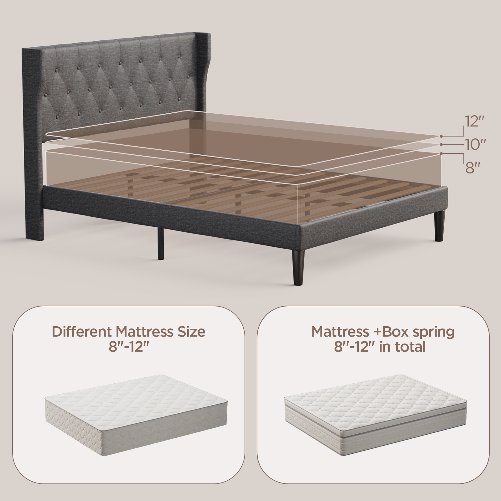 Queen Bed Frame, Queen Size Bed Frame with Wood Headboard and Footboard, Under Bed Storage, 800lbs, Gray