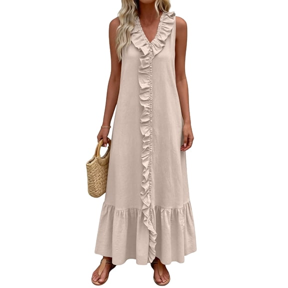 Aellinatey Women's Cotton Dress Linen Sleeveless Tiered Ruffle Maxi Long