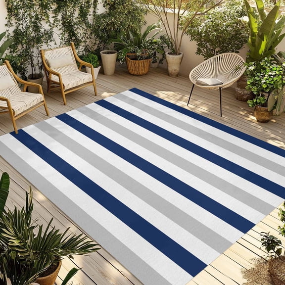 Navy Blue Grey Outdoor Rug 6x9 Ft - Reversible Patio Rug Outdoor Camping Rugs, Farmhouse Watercolor Modern Geometric Washable Indoor Outdoor Area Rugs, Non-Slip Outdoor Carpet Runner for Deck/Porch
