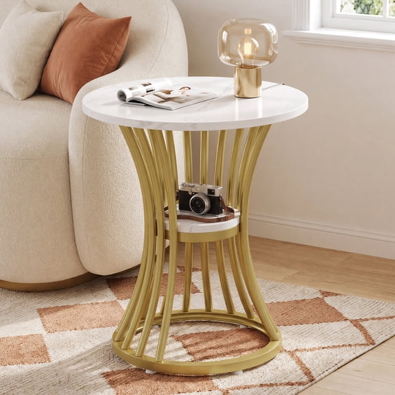 Finmind Round End Table, 2-Tier Modern Accent Side Table with Faux Marble Top and Gold Metal Frame, Circle Nightstand for Living Room, Bedroom