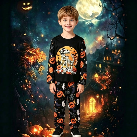 Gunia Kids Halloween Pajamas Boys Dinosaur Skeleton Long Sleeve Crewneck Top And Pants 2 Piece Fall Pjs Holiday Party Loungewear