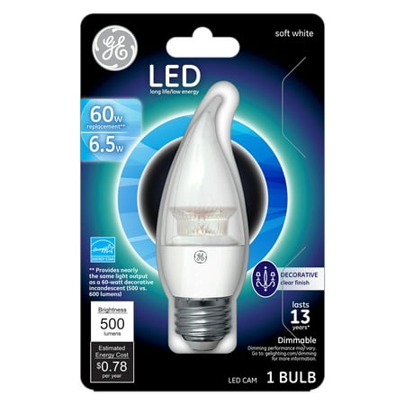 

GE Light Bulb 6.5 Watt Candelabra E26 CAM Clear Soft White LED Dimmable Light Bulb
