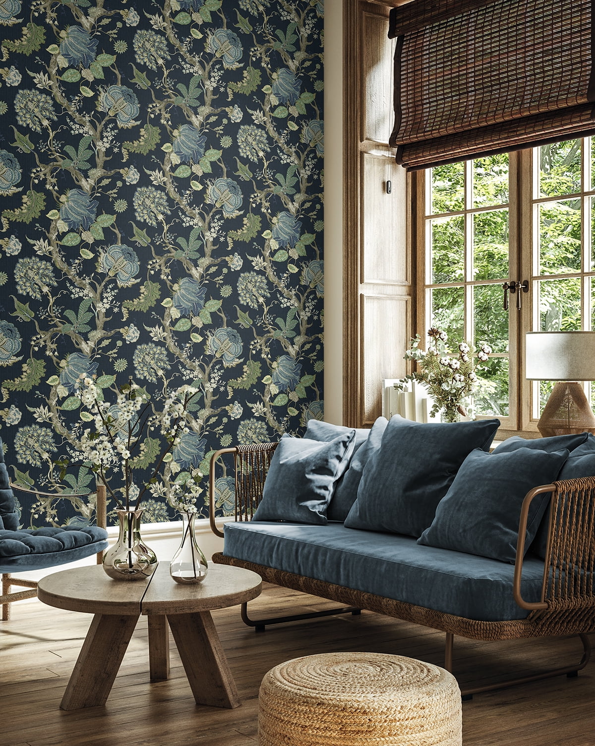 Harry & Grace Midnight Blue & Greenery Jacobean Trail Premium Matte Non-Woven Peel and Stick Wallpaper - 20.5 in. W x 18 ft. L Roll