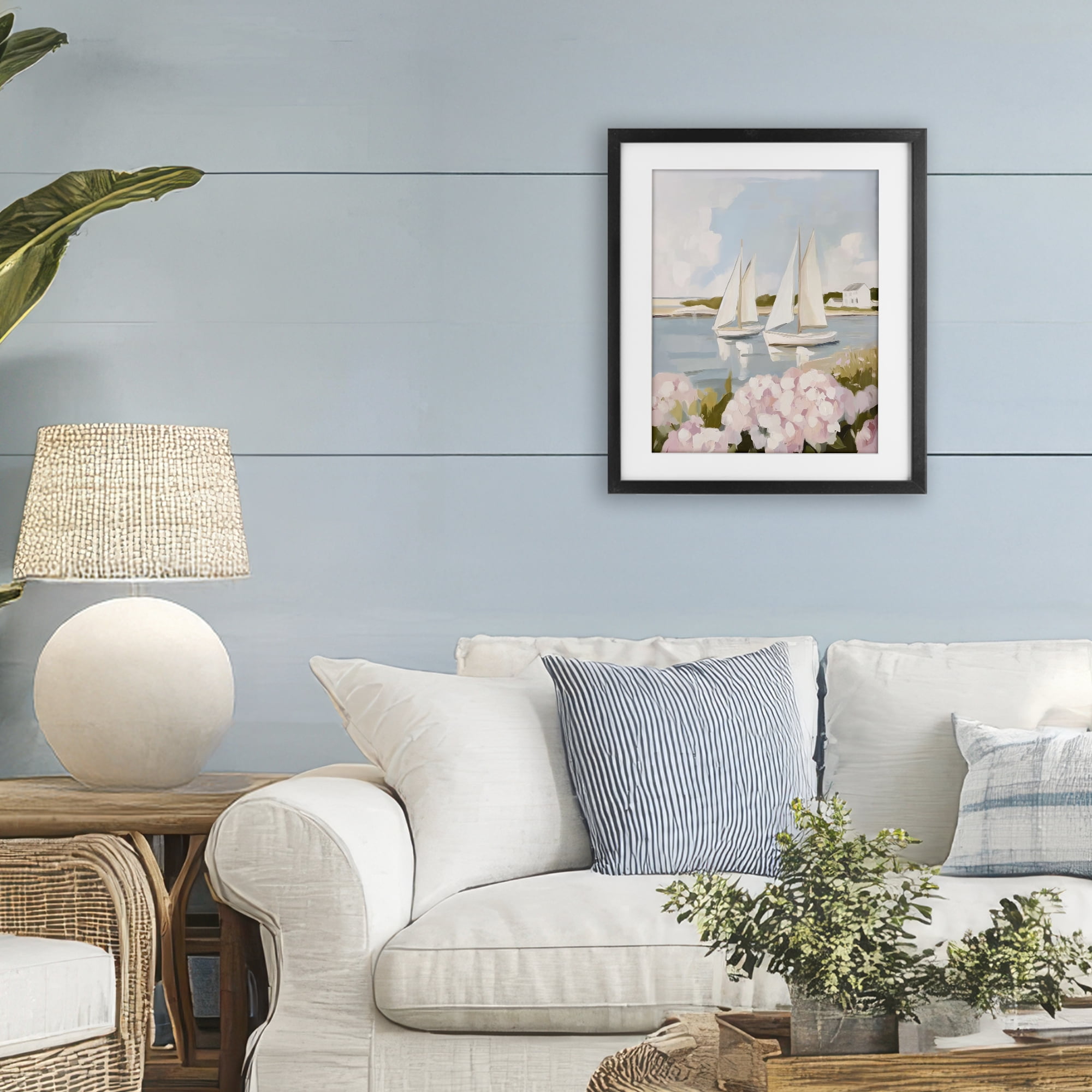 Stupell Industries Sailboat Duo with Pink Hydrangeas Black Framed Print Under Glass, design by Sisi and Seb