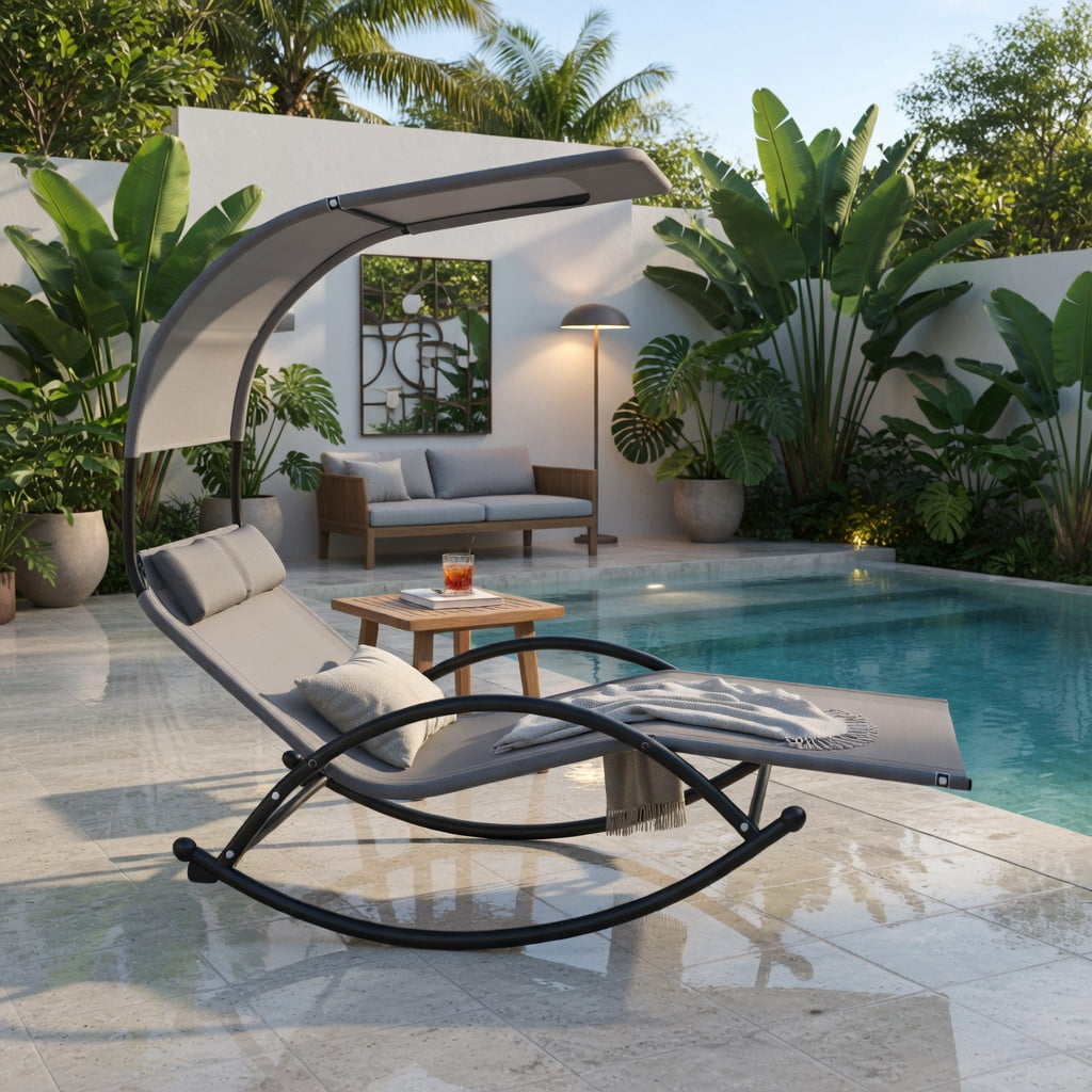 Hommoo 2-Person Outdoor Rocking Sunbed with Adjustable Canopy & Detachable Headrests, Metal Patio Lounger for Backyard, Poolside, Deck, Gray
