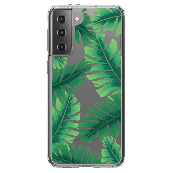 DistinctInk Clear Shockproof Hybrid Case for Galaxy S21  PLUS 5G (6.7" Screen) - TPU Bumper, Acrylic Back, Tempered Glass Screen Protector - Tropical Banana Leaves