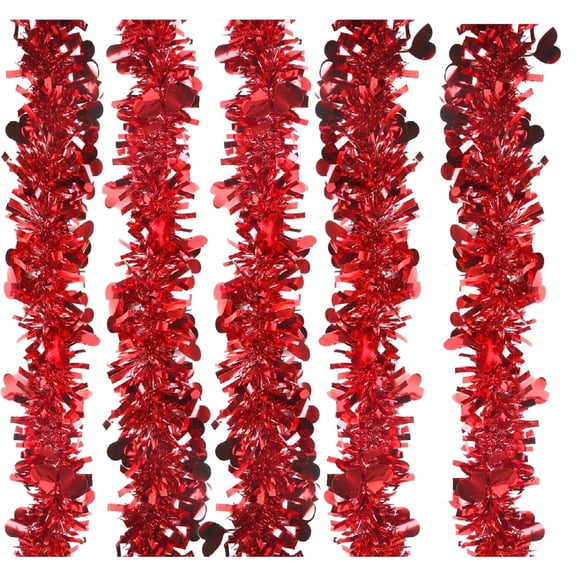 Valentine's Day Tinsel Garland 5pack Red Heart Metallic Garland Decor for Wedding Party Hanging Decoration Supply (3.59×78.74in)
