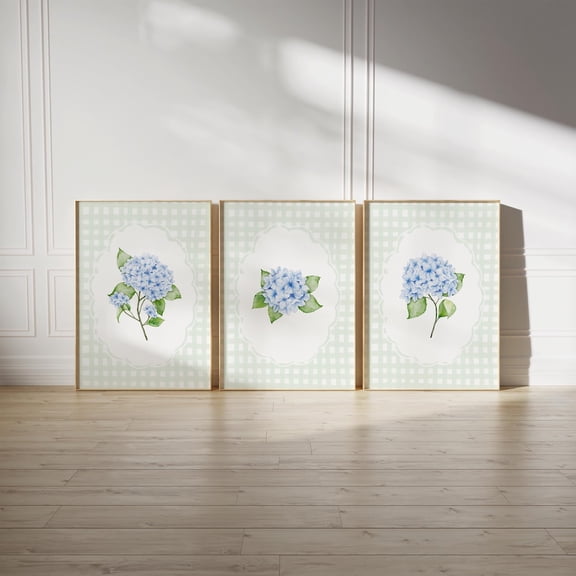 Hydrangea Print Blue Green Floral Gingham Cottagecore Wall Art Set 3 Unframed Paper Print 8x12