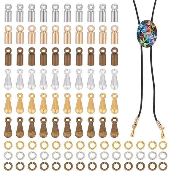120 Pcs Bolo Tie Findings Kit Bolo Tie Tips Replacement Kit Bolo Tie Buckle Accessories with 30 Pcs Alloy Cord End 30 Pcs Bolo Brass Teardrop Charms with 60 Pcs Jump Ring for Bolo Tie Making
