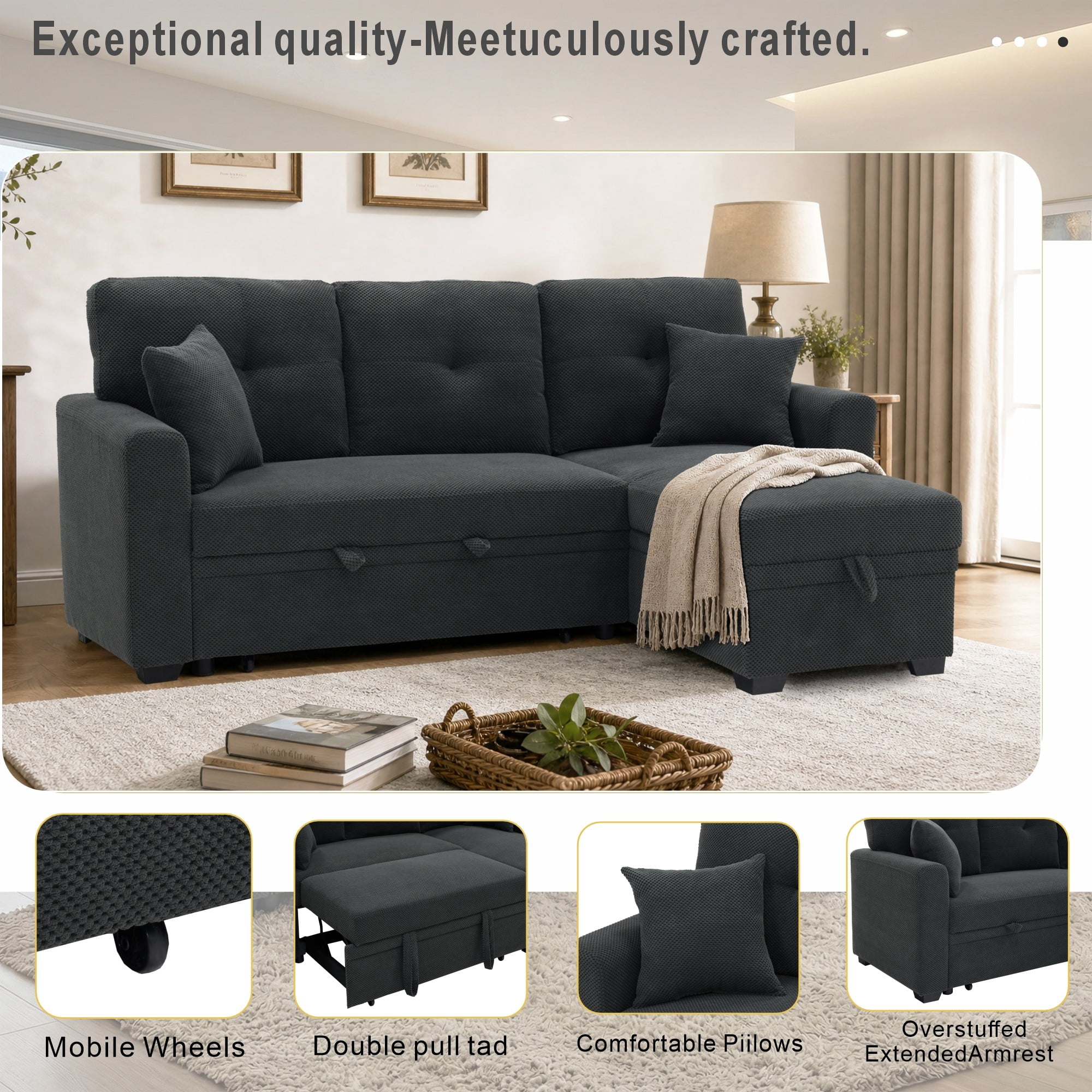 BSHTI 71"Foil Fabric L-Shaped Pull-Out Sleeper Sofa Bed with Reversible Chaise, Hidden Storage for Living Room（Dark Gray）