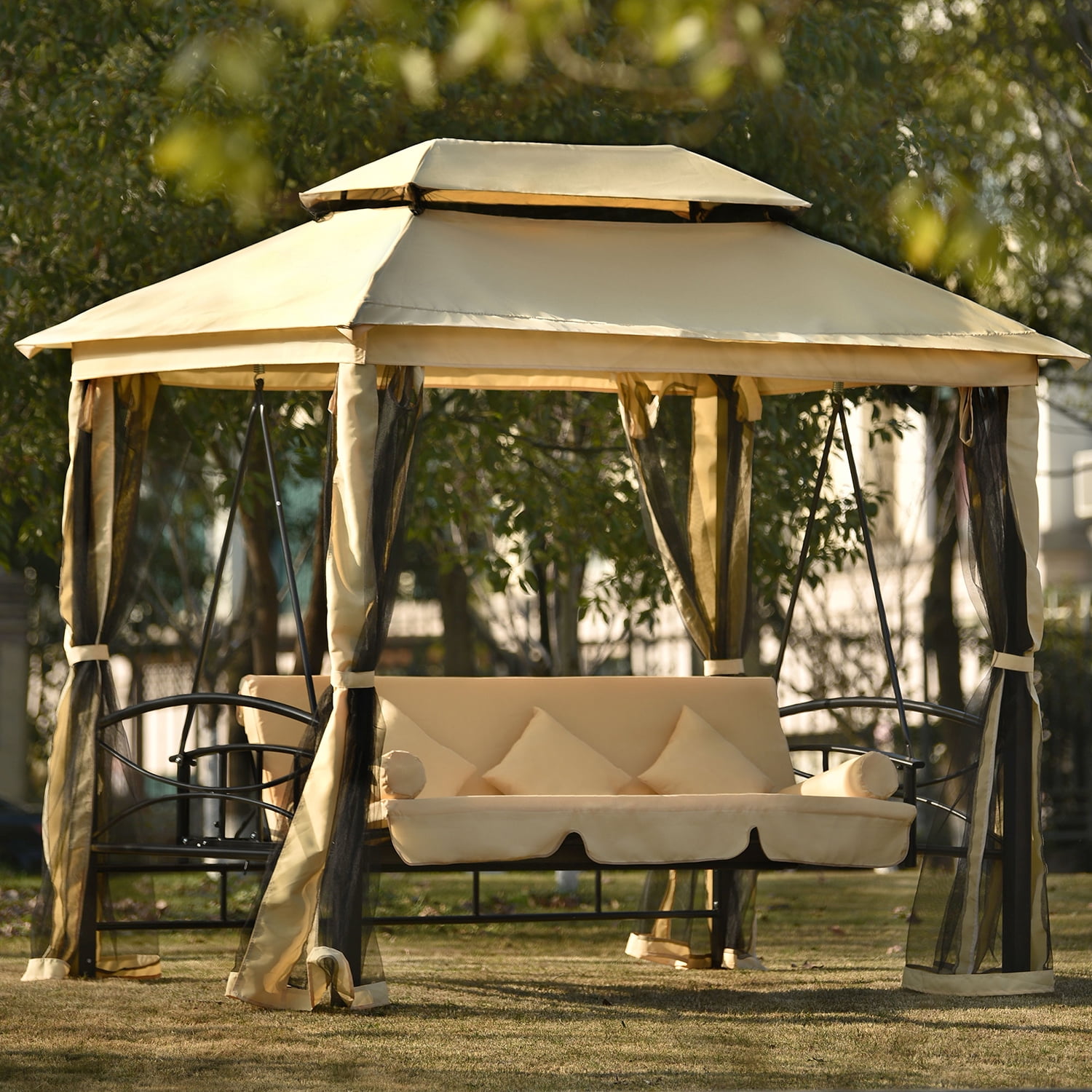 Kadyn Outdoor Canopy Gazebo, Double Roof Soft Canopy with Convertible Swing Bench and Mosquito Netting Suitable, khaki Backyard Gazebo Kadyn Outdoor Canopy Gazebo, Double Roof Soft Canopy with Convertible Swing Bench and Mosquito Netting Suitable, khaki Backyard Gazebo