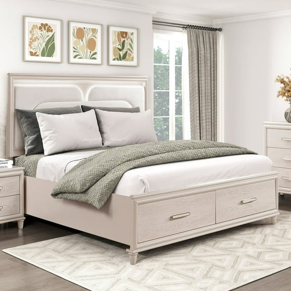 Contemporary Platform Frame Cal-king Bed w Footboard Drawers LED Headborad 1pc