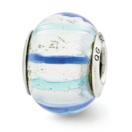 Italian Murano Glass Flower - Sterling Silver Reflection Teal and Blue and White Italian Murano Glass Bead