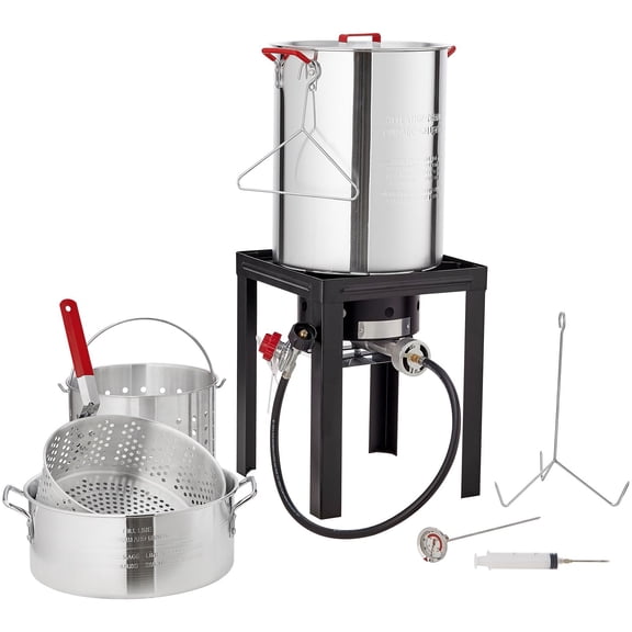 Outdoor Propane Turkey Fryer Kit 30 Quart Pot 54000 BTU Burner Thermometer Baskets Poultry Rack for Seafood and Chicken