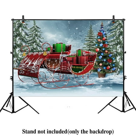 GreenDecor Polyester Fabric 7x5ft Xmas new year photography backdrop background winter trees pine Vintage sleigh with Christmas gifts forest trees present holiday