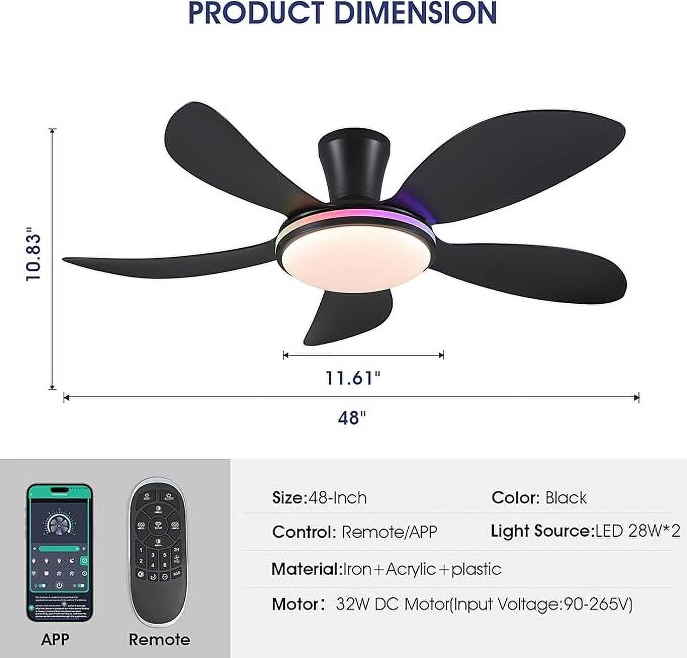 YIOSI 48'' Black Ceiling Fan with Lights and Remote /APP Control,Low Profile Modern Ceiling Fan,Outdoor Flush Mount Ceiling Fan 6-Speed Reversible DC Motor for Living Room Bedroom Indoor,RGB Lighting