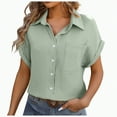 thumbnail image 3 of ORT Womens Button up Linen Shirt Short Sleeve Shirts Summer Fashion Cotton Linen Shirt Top Blouses with Pocket(Light Green,XXL), 3 of 8