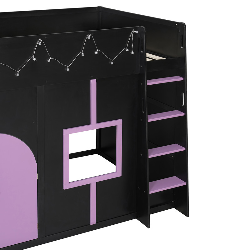 Full Size Playful Child Loft Bed with Doors & Window, Wood Kids House Bed Frame with Light Strip & Built-In Ladder