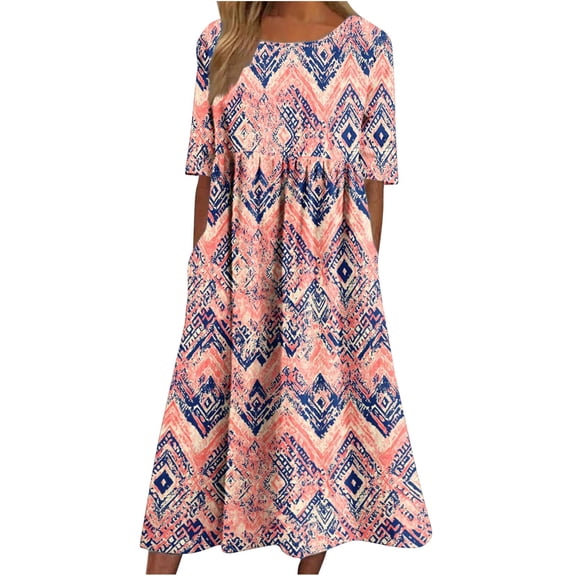 Tnhcen Women's Casual Plus Size 3XL Pocket Round Neck Short Sleeve Print Maxi Dress, 100% Polyester Flowy Dress, Casual Summer Dress with Pockets