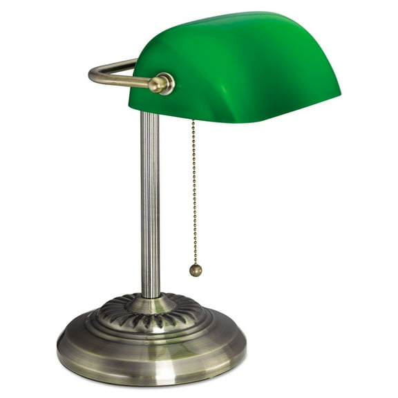 Alera Traditional Banker's Lamp, Green Glass Shade, 10.5"w x 11"d x 13"h, Antique Brass -ALELMP557AB