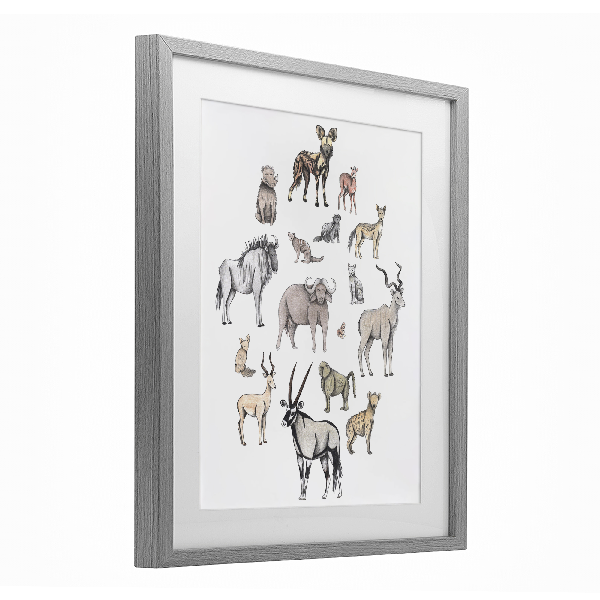 Simple Africa Animals Gray Framed Print Under Glass, design by Cecilia Battaini