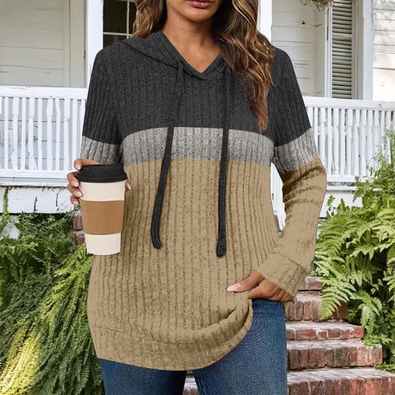 YUGYXL Womens Plus Size Lightweight Ribbed Knit Hoodie Sweaters Casual Long Sleeve Pullover Tops for Fall Winter Brown L