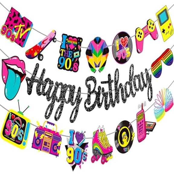 3Pcs 90s Birthday Party Banners 90's Retro Theme Birthday Banners Back to 90s Hip Hop Party Decorations for 1990s Vintage Bday Baby Shower Supplies