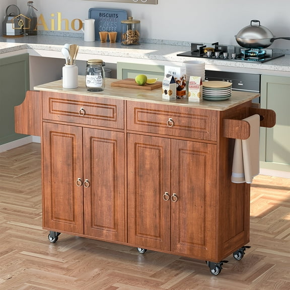 Aiho 45.5'' Kitchen Island Cart with Storage , Rolling Kitchen Island with Folding Drop Leaf Breakfast Bar for Dining Room, Brown