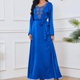 thumbnail image 4 of Women's Elegant Satin Rhinestone Printed Maxi Dress Long Sleeve Crew Neck Long Dress with Belt Fashion Casual Dresses, 4 of 5