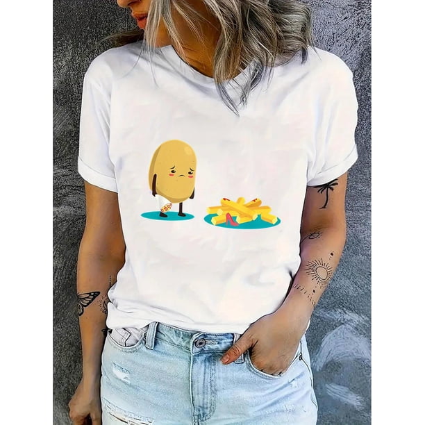 Women'S Casual Crew Neck T-Shirt with Creative Potato & French Fries Print, Fashionable Short Sleeve Top, Polyester 95% Spandex 5%, Medium Stretch, All Season Wear