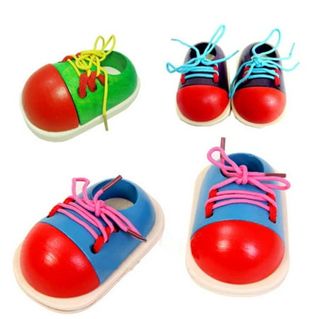 

JETTINGBUY 2PCS Wooden Toy Learn How To Tie Shoelaces Shoes Lacing Hand Coordination Development
