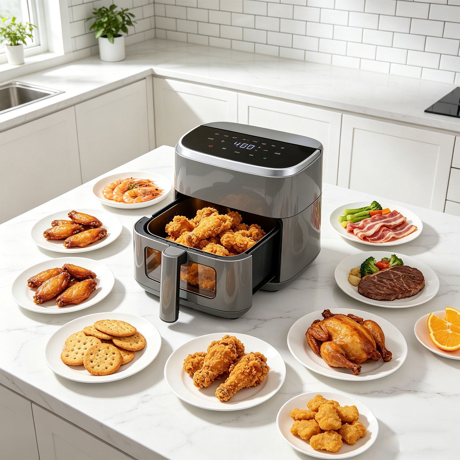 Casabay 4 QT Air Fryer with Viewing Window, 1500W 8-in-1 Electric Hot Air Fryer Oven, Digital Display, Compact Multi-Functional Cooker for Home Kitchen, Gray