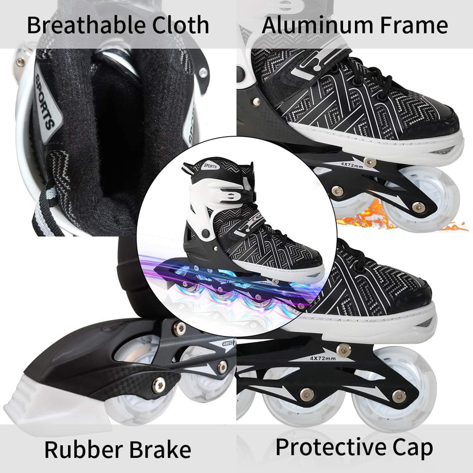 MammyGol Adjustable Inline Skates for Kids with Light-Up Wheels - Youth Teens Roller Skates for Beginners Boys Girls, Outdoor Recreational Skates Black 5-8